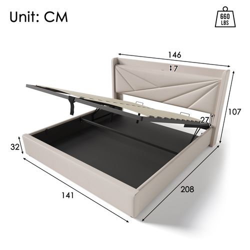 Lit Double Capitonné - Rangement - USB Type C - Tissu Lin - 140x200 Cm