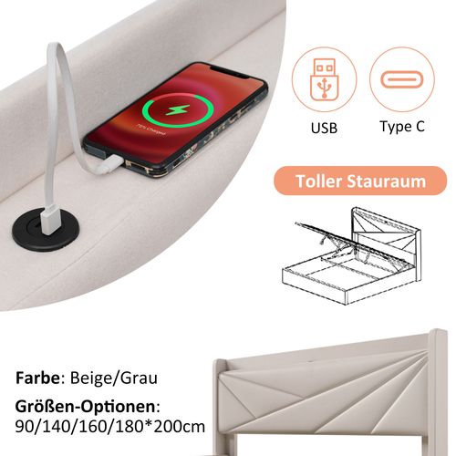 Lit Double Capitonné - Rangement - USB Type C - Tissu Lin - 140x200 Cm