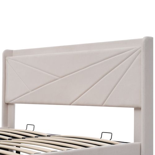 Lit Double Capitonné - Rangement - Charge USB Type C - Sommier Inclus - Beige 160x200cm