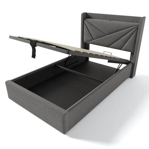 Lit Capitonné Simple - Rangement - USB Type C - Tissu Lin - Gris - 90x200 Cm