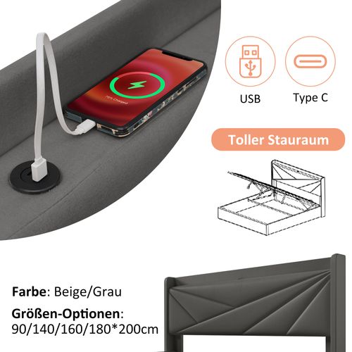 Lit Double Capitonné - 140x200 - Rangement - USB Type-c - Tissu Lin Gris