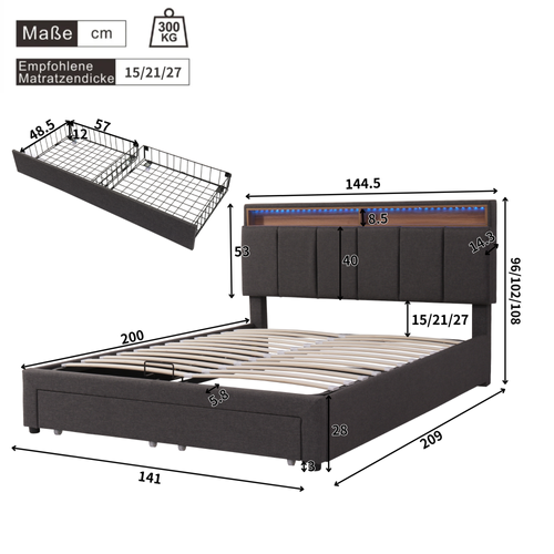 Lit Rembourré Avec Éclairage LED-lit Adulte Hydraulique-lit Double 140 X 200 Cm-gris