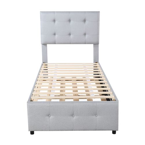 Lit Gigogne 90x200 Cm - Capitonné, Tête Réglable, Revêtement Lin Doux, Simple - Gris