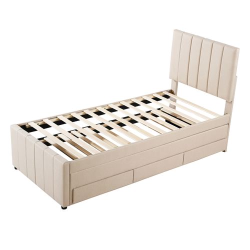 Lit Gigogne 90x200 Cm - Avec Tiroirs, Revêtement Lin Doux, Rangement, Simple - Beige