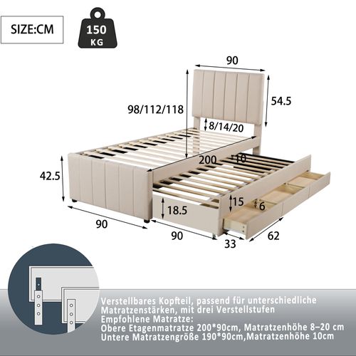 Lit Gigogne 90x200 Cm - Avec Tiroirs, Revêtement Lin Doux, Rangement, Simple - Beige