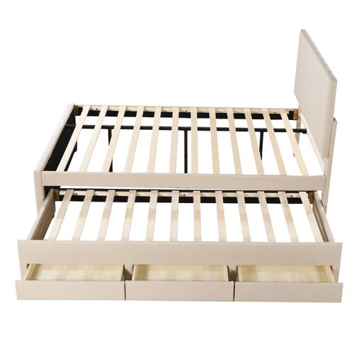 Lit Gigogne Double 140x200 Cm - Avec Tiroirs, Revêtement Lin Doux, Rangement - Beige