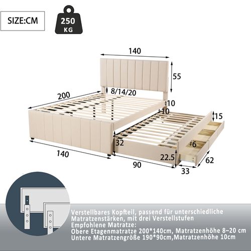 Lit Gigogne Double 140x200 Cm - Avec Tiroirs, Revêtement Lin Doux, Rangement - Beige