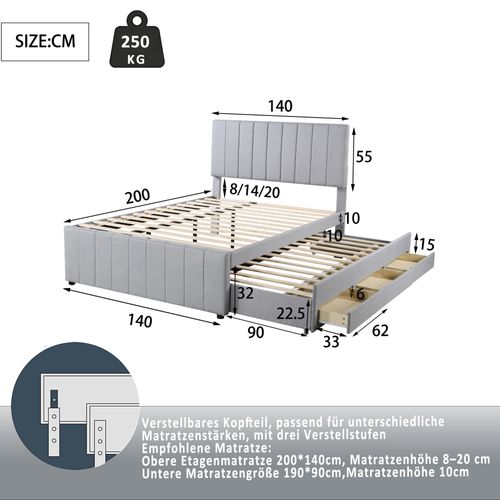 Lit Gigogne Double 140x200 Cm - Avec Tiroirs, Revêtement Lin Doux, Rangement - Gris