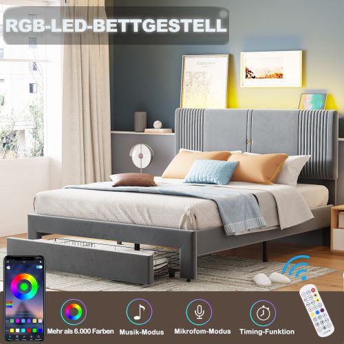 Lit Double 140x200 Cm-LED Et USB-en Velours- Grand Tiroir -Idéale pour les petits espaces- Gris