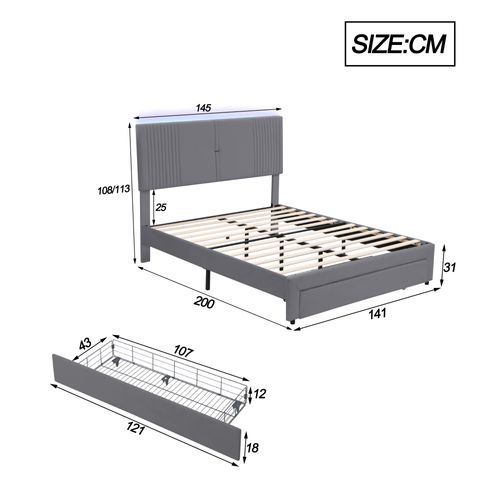 Lit Double 140x200 Cm-LED Et USB-en Velours- Grand Tiroir -Idéale pour les petits espaces- Gris