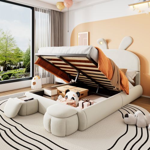 Lit Double 140 X 200 Cm-lit Hydraulique-avec Bandes Lumineuses-espace De Rangement-velours-beige