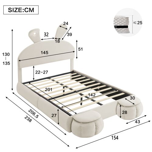 Lit Double 140 X 200 Cm-lit Hydraulique-avec Bandes Lumineuses-espace De Rangement-velours-beige