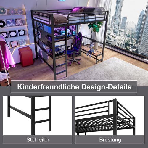 Haut Lit 140x200cm Avec Bureau, USB/type-c, LED, Noir