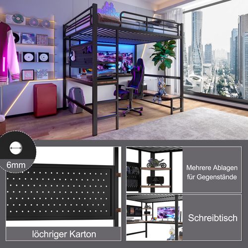 Haut Lit 140x200cm Avec Bureau, USB/type-c, LED, Noir