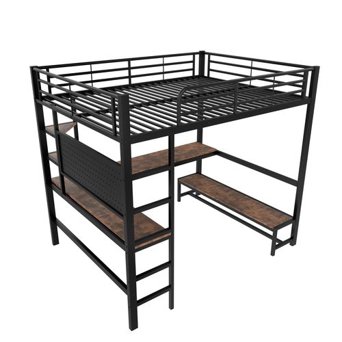 Haut Lit 140x200cm Avec Bureau, USB/type-c, LED, Noir