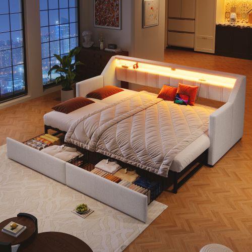 Lit Gigogne Multifonctionnel 90 X 200cm-avec USB Et Type-c- Bande LED-2 Tiroirs-beige