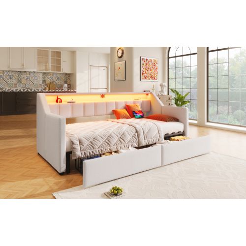 Lit Gigogne Multifonctionnel 90 X 200cm-avec USB Et Type-c- Bande LED-2 Tiroirs-beige