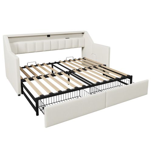 Lit Gigogne Multifonctionnel 90 X 200cm-avec USB Et Type-c- Bande LED-2 Tiroirs-beige