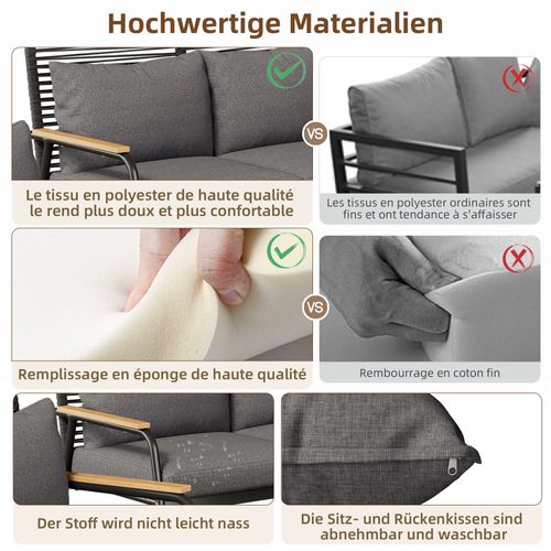 Salon De Jardin 4 Places - Acier Galvanisé, Table Verre Trempé + Coussins Inclus - Gris