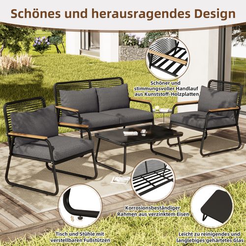 Salon De Jardin 4 Places - Acier Galvanisé, Table Verre Trempé + Coussins Inclus - Gris