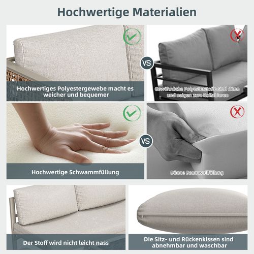 Salon De Jardin 6-7 Places - Rotin, Structure Acier, Pieds Réglables, Coussins Inclus -Beige