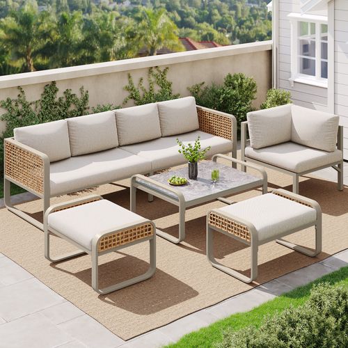 Salon De Jardin 6-7 Places - Rotin, Structure Acier, Pieds Réglables, Coussins Inclus -Beige