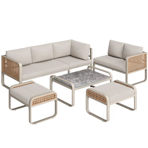 Salon De Jardin 6-7 Places - Rotin, Structure Acier, Pieds Réglables, Coussins Inclus -Beige