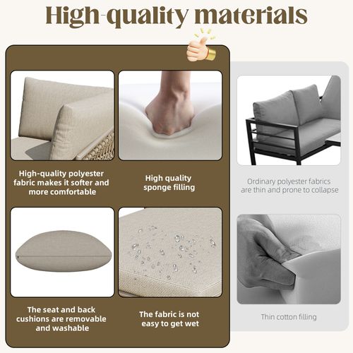 Salon De Jardin Moderne - Corde Tissée Main, Coussins Inclus, Beige