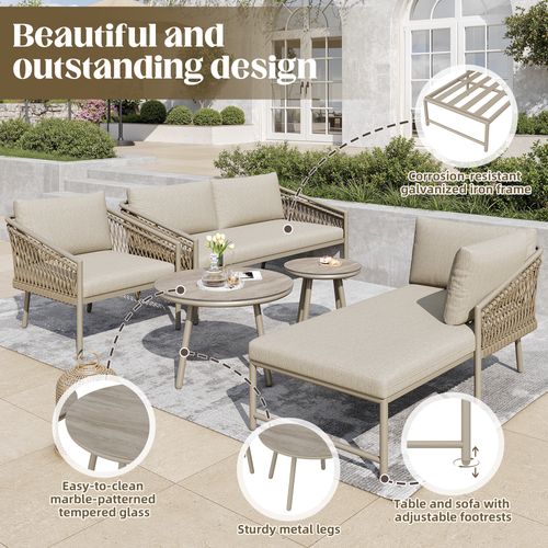 Salon De Jardin Moderne - Corde Tissée Main, Coussins Inclus, Beige