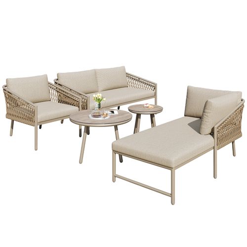Salon De Jardin Moderne - Corde Tissée Main, Coussins Inclus, Beige