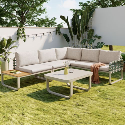 Salon De Jardin 4-5 Places - Rotin Vert, Finition Cuir, Coussins Inclus, Beige