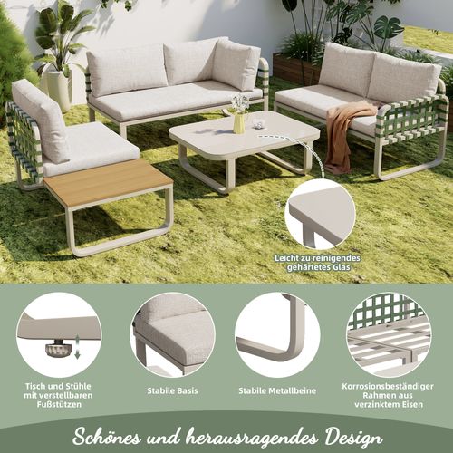 Salon De Jardin 4-5 Places - Rotin Vert, Finition Cuir, Coussins Inclus, Beige