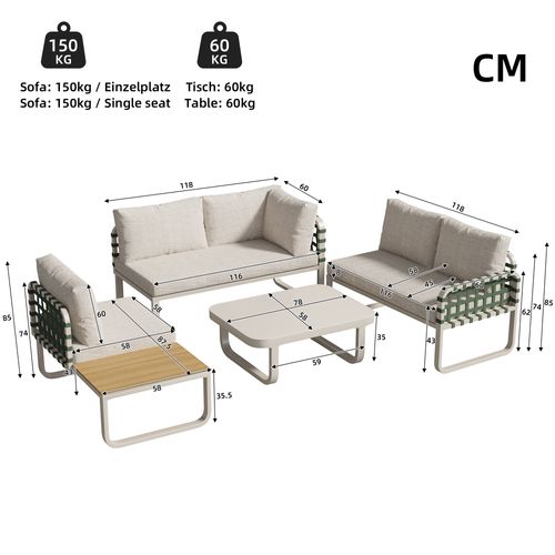 Salon De Jardin 4-5 Places - Rotin Vert, Finition Cuir, Coussins Inclus, Beige
