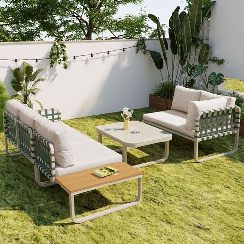 Salon De Jardin 4-5 Places - Rotin Vert, Finition Cuir, Coussins Inclus, Beige