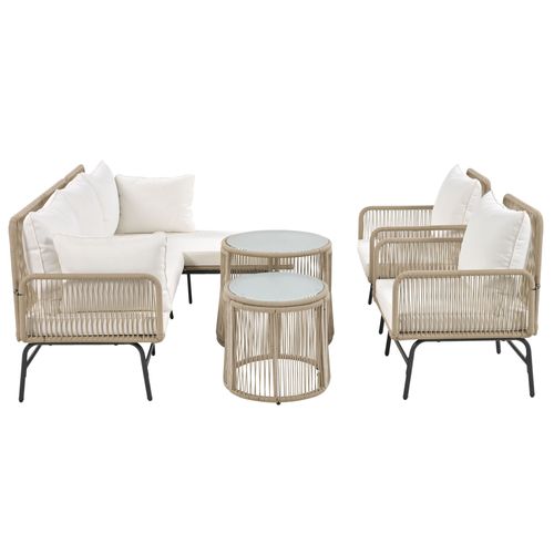 Salon Jardin Beige - 2 Fauteuils + 2 Canapés 2 Places + 2 Tables, Coussins Inclus