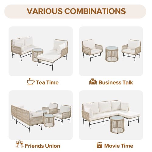 Salon Jardin Beige - 2 Fauteuils + 2 Canapés 2 Places + 2 Tables, Coussins Inclus