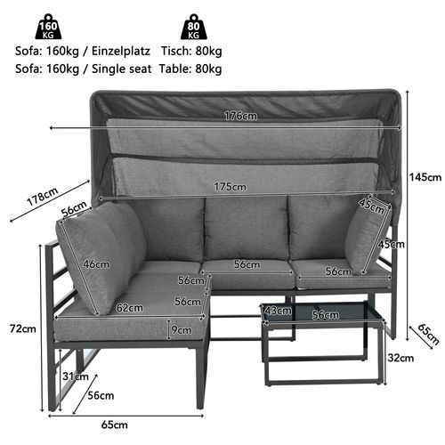 Salon De Jardin 4 Pièces - Banc + Table à Parasol, Résistant Intempéries, Gris
