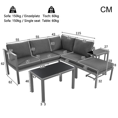 Salon De Jardin 5 Pièces - Table Basse + Table Auxiliaire, Coussins Inclus, Gris
