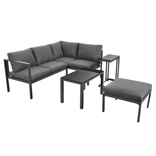 Salon De Jardin 5 Pièces - Table Basse + Table Auxiliaire, Coussins Inclus, Gris