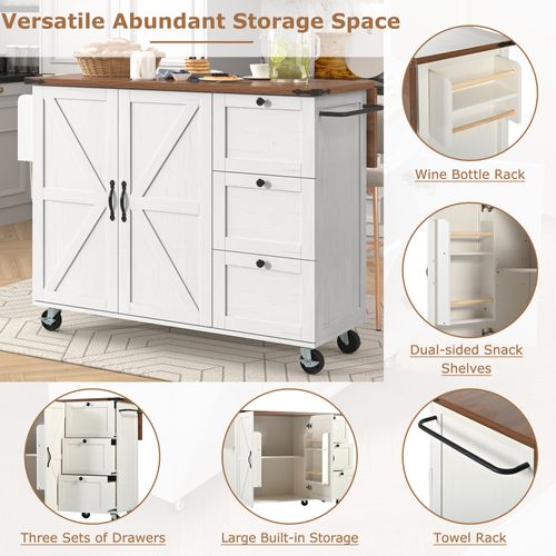 Îlot De Cuisine - Plan Extensible - Beige - 2 Portes, 3 Tiroirs