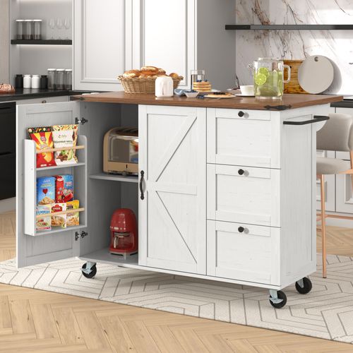 Îlot De Cuisine - Plan Extensible - Beige - 2 Portes, 3 Tiroirs