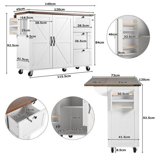 Îlot De Cuisine - Plan Extensible - Beige - 2 Portes, 3 Tiroirs