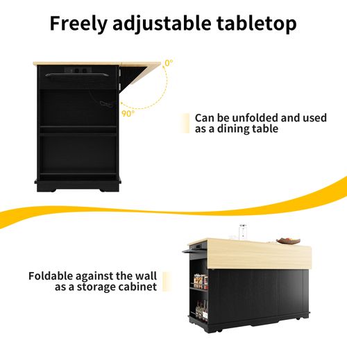 Îlot De Cuisine - Noir - Prises Électriques - Roulettes - Rangement Optimisé