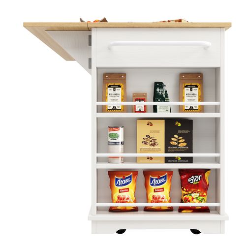 Îlot De Cuisine - Blanc - Prises Électriques - 2 Tiroirs - 6 Compartiments