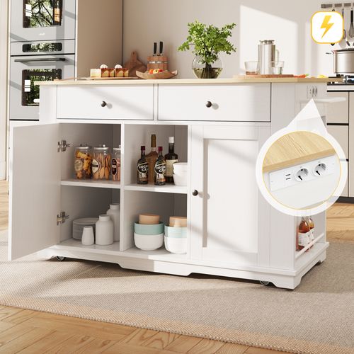 Îlot De Cuisine - Blanc - Prises Électriques - 2 Tiroirs - 6 Compartiments