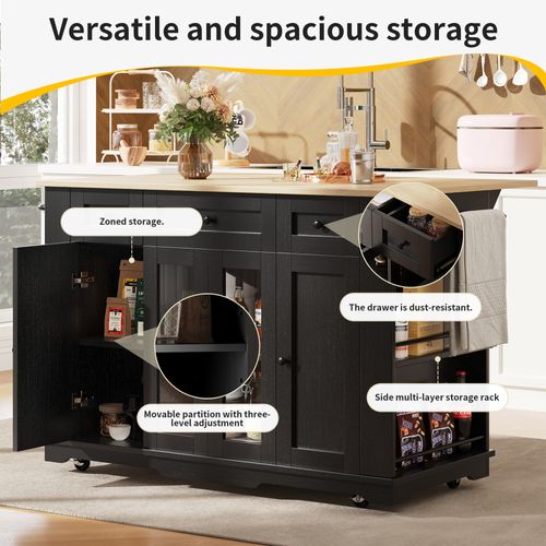 Îlot De Cuisine - Noir - Plan De Travail Réglable - Verre Trempé - Séparateurs Amovibles