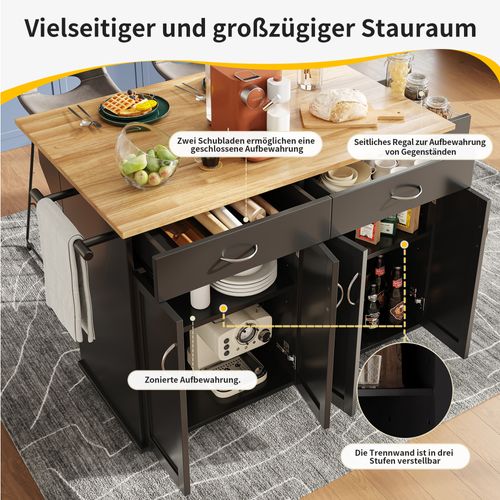 Îlot De Cuisine - Noir - Réglable - Rangement Multifonctionnel