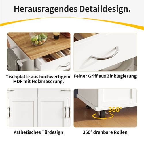 Îlot De Cuisine - Blanc - Compact - Rangement Multifonctionnel - Plateau Inclinable