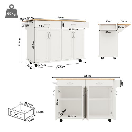 Îlot De Cuisine - Blanc - Compact - Rangement Multifonctionnel - Plateau Inclinable