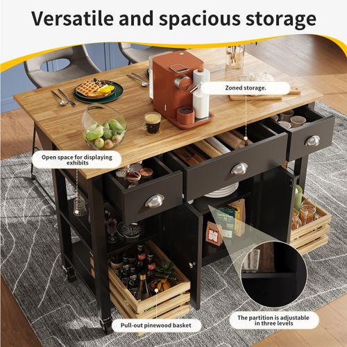 Îlot De Cuisine Moderne - Noir - Plateau Réglable - Roues Pivotantes - Rangement Flexible